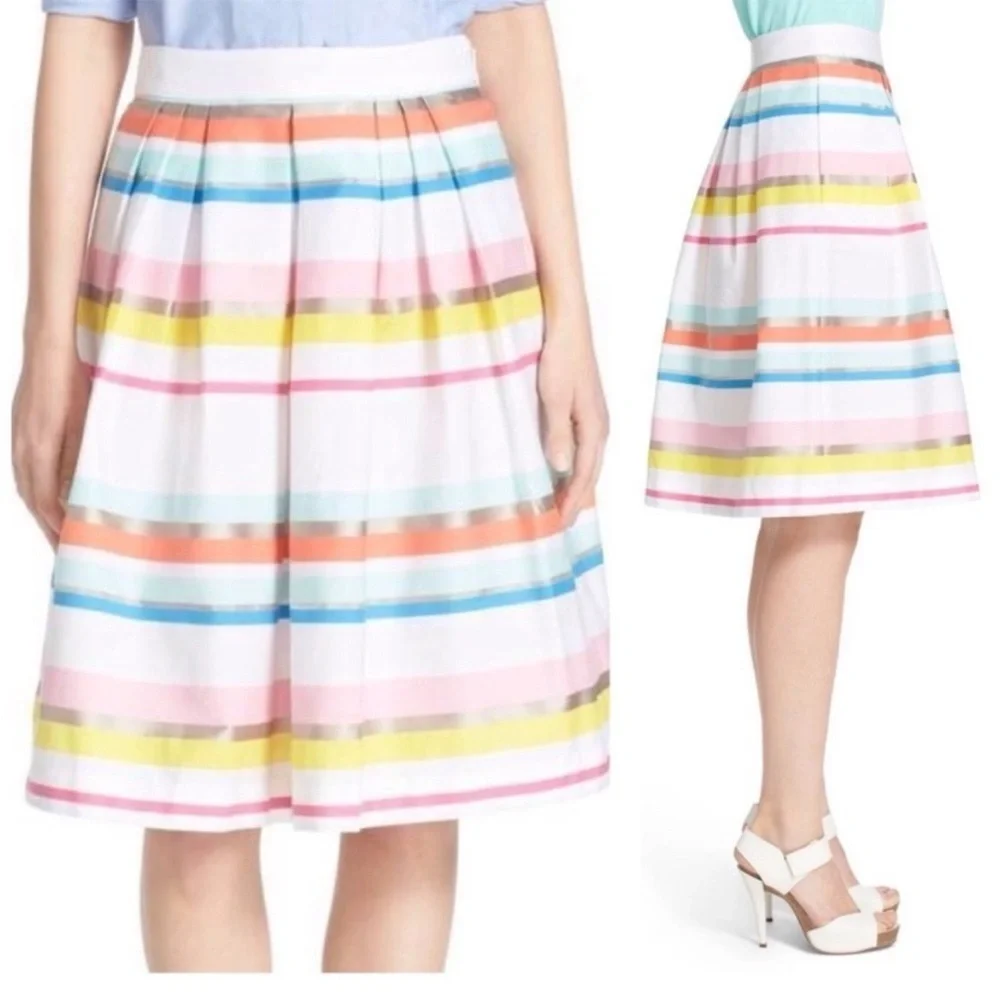 Kate Spade Ribbon Cape Rainbow Stripe Skirt Rainbow Pleated Midi Sz 12 NEW